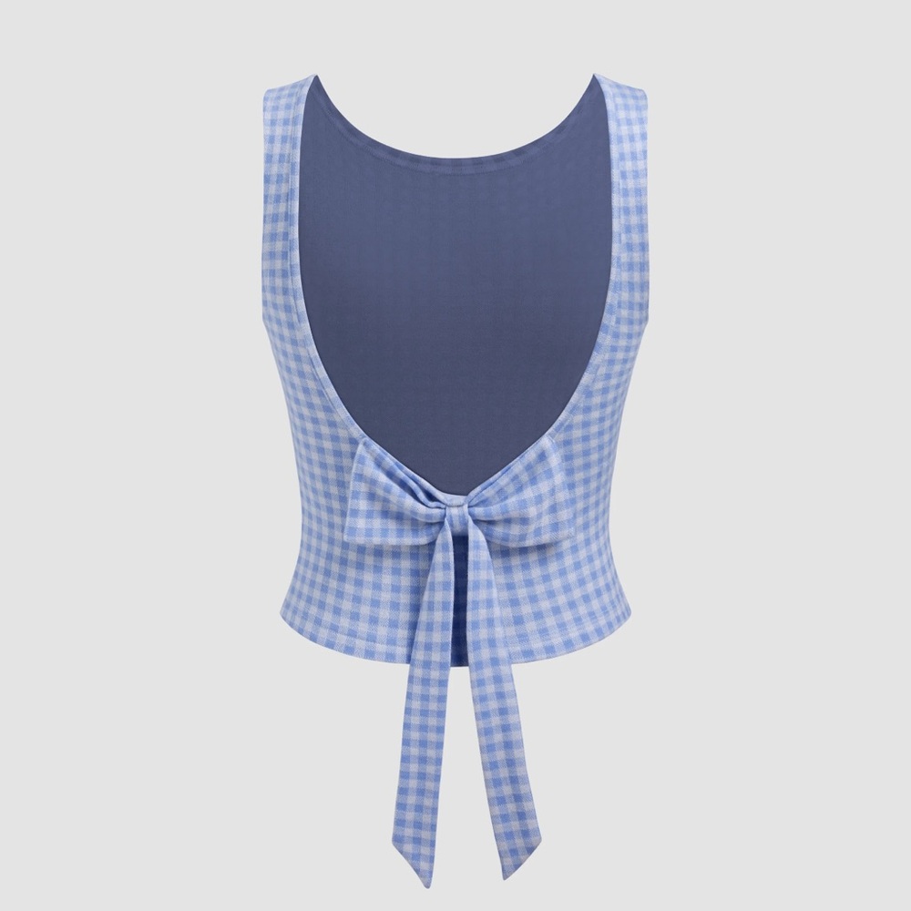 Cider Blue Boat Neck Gingham Bowknot Backless Crop Tank Top